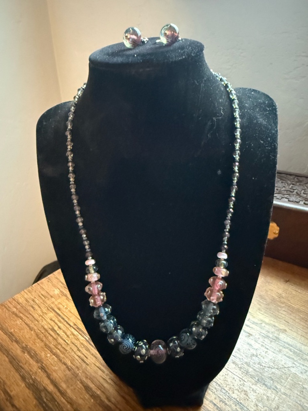 Hand blown Pink and shades of Blue Glass Bead Necklace with Matching Earrings